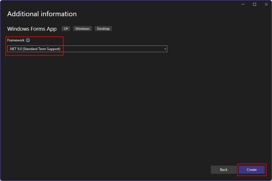 A screenshot of the 'Additional information' dialog from Visual Studio 2022. The 'Framework' dropdown box has '.NET 9.0 (Standard Term Support)' selected and highlighted with a red box. The 'Create' button is also highlighted with a red box.