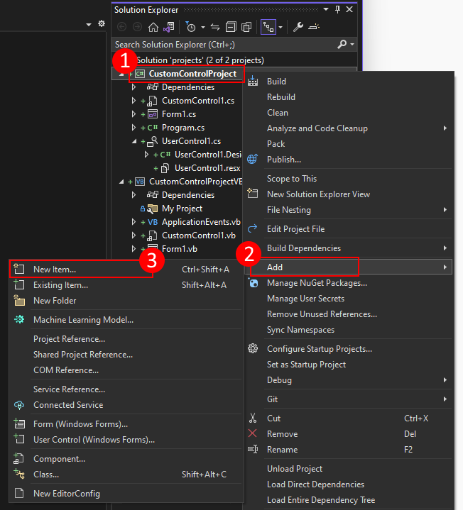 An image of Visual Studio. In the Solution Explorer window, the project was right-clicked showing a menu. Highlighted in the menu is the 'Add' menu item, which is expanded showing a sub menu. In the sub menu, the'New Item' menu item is highlighted.