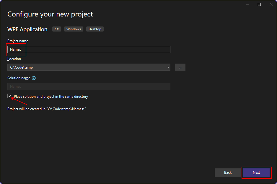 A screenshot of the 'configure your new project' dialog from Visual Studio 2022. The 'Project name' textbox has the word 'Names' in it and is highlighted with a red box. The 'Place solution and project in the same directory' checkbox is checked and pointed to with a red arrow. The 'Next' button is also highlighted with a red box.