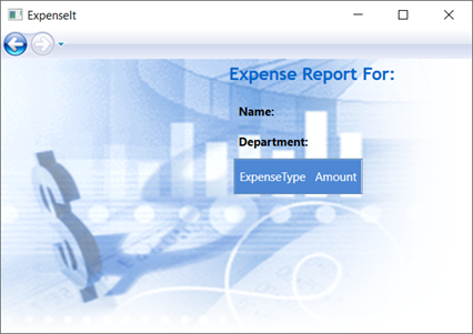ExpenseIt sample screenshot showing the UI just created for the ExpenseReportPage.