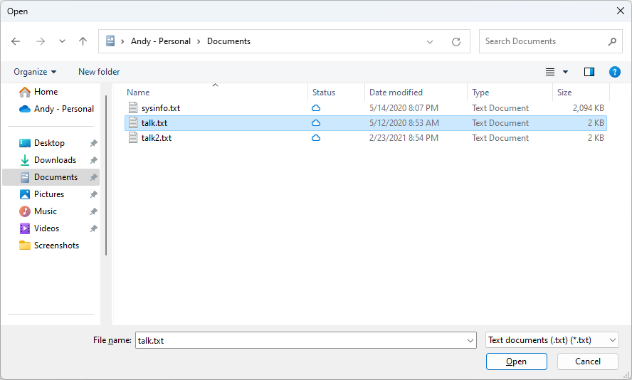 An Open dialog box showing the location to retrieve the file shown from a WPF application.