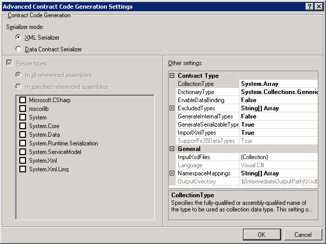 Advanced Contract Code Generation Settings dialog box.