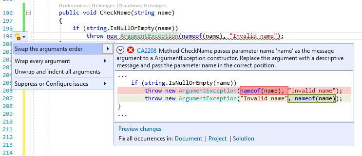 Code fix for CA2208 - swap arguments.