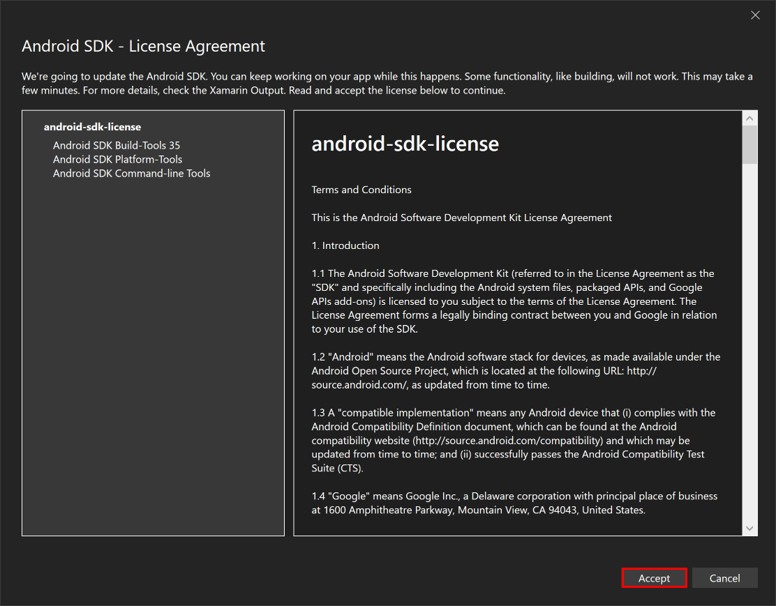 First Android SDK License Agreement window.