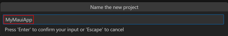 Screenshot of entering a project name in the command palette in Visual Studio Code.