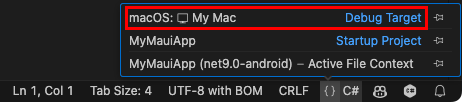 Screenshot of the debug target in Visual Studio Code set to macOS.