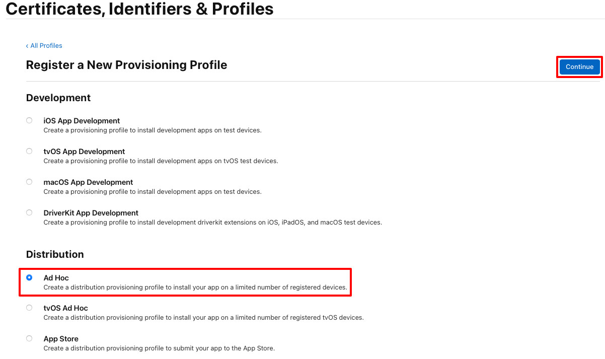 Register a provisioning profile for ad hoc distribution.