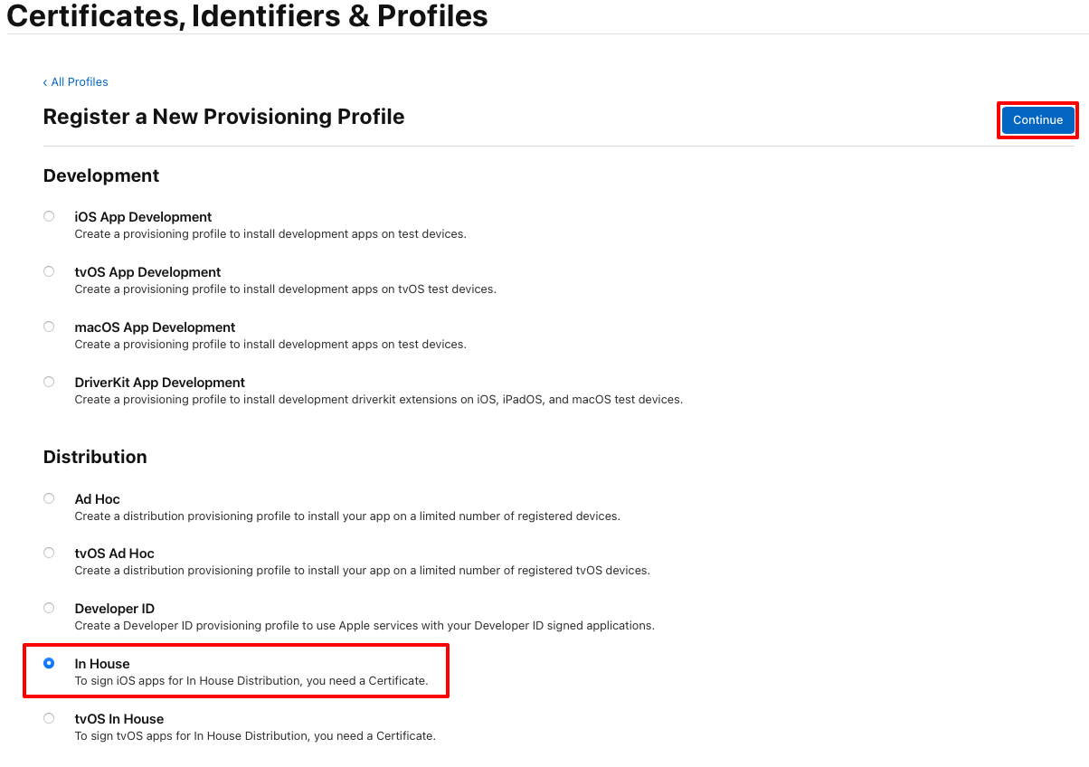 Register a provisioning profile for in house distribution.