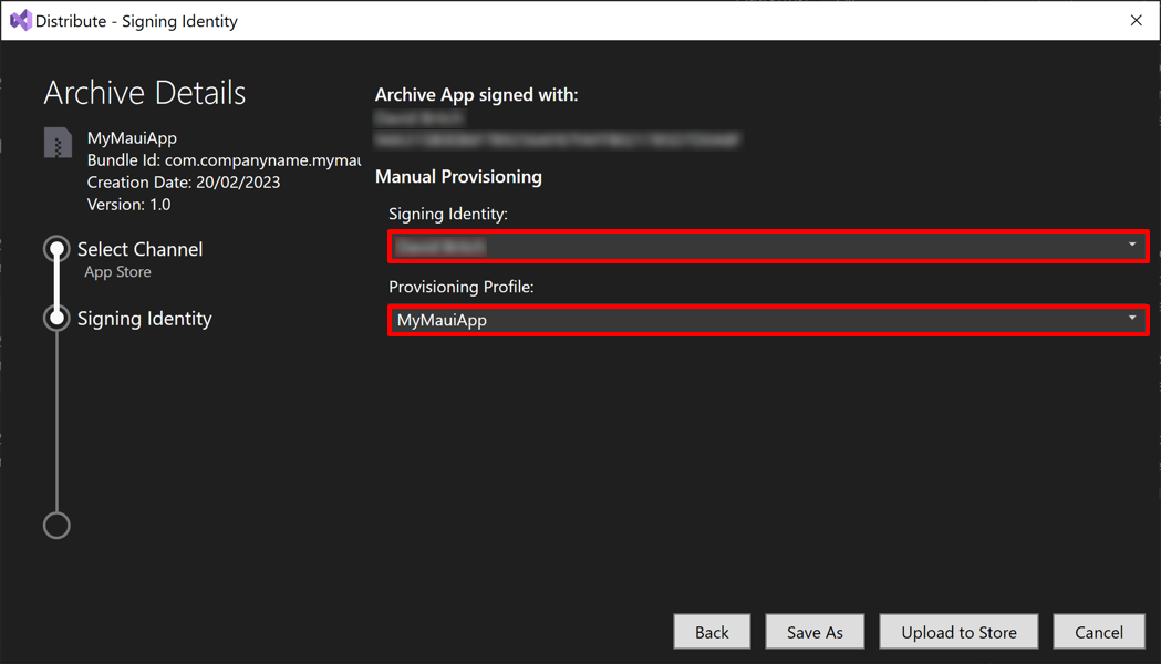 Screenshot of selecting a signing identity in the distribution dialog.