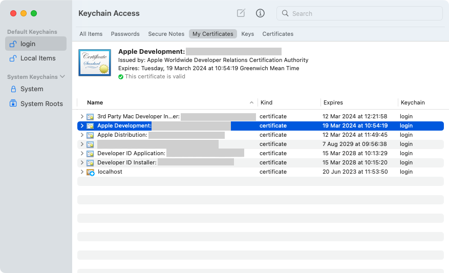 Keychain Access showing development certificate.