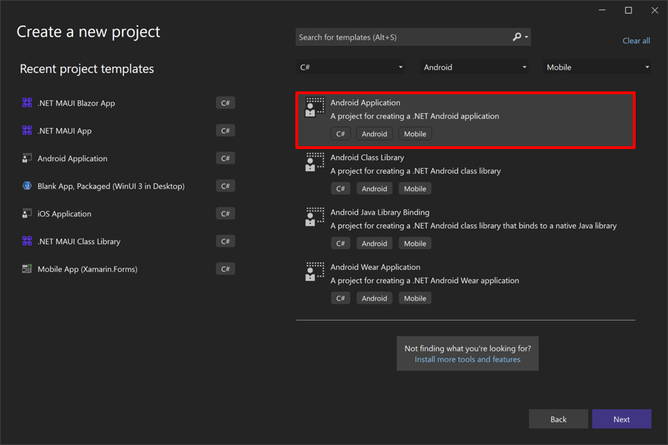Screenshot of selecting the Android app project template in Visual Studio.