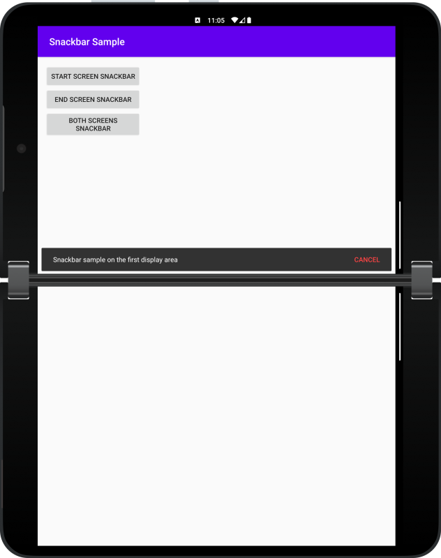 START: snackbar on the first screen, landscape orientation