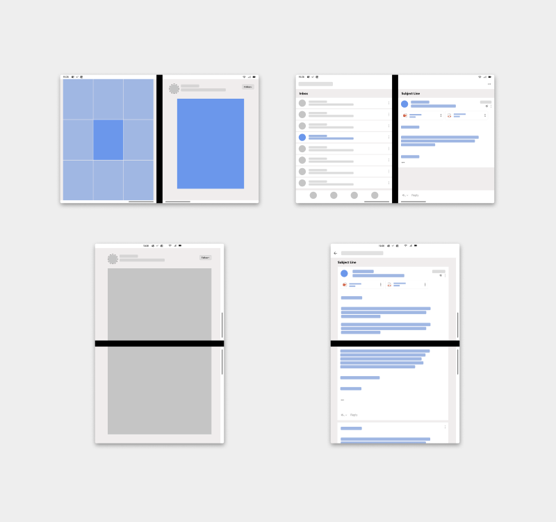 Diagram shows the list detail design pattern with navigation and content on different screens.