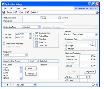 Screenshot of the Deduction Setup window.