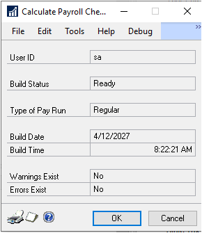 Screenshot of the Calculate Payroll Checks window.