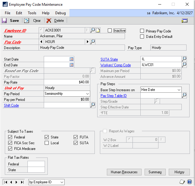 Screenshot of the Employee Pay Code Maintenance window, showing an example employee named Pilar Ackerman, and forty dollars entered into the Pay Rate field.