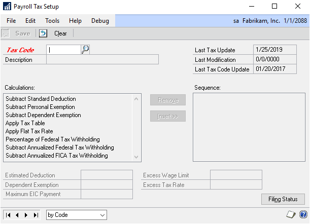 Screenshot of the Payroll Tax Setup window.