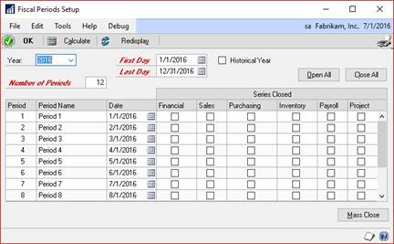 Fiscal Periods Setup window