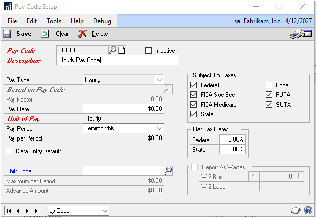 Screenshot of the Pay Code Setup window.