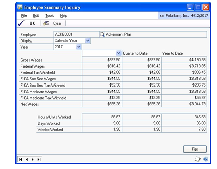 Screenshot of the Employee Summary Inquiry window.