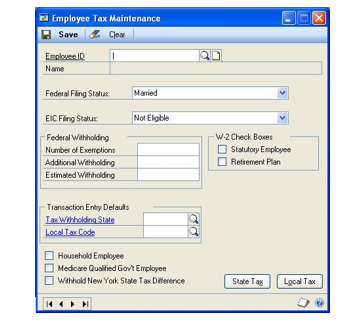 Screenshot of the Employee Tax Maintenance window.