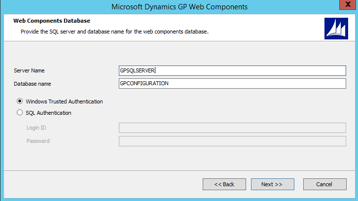 shows a screen for installing the web components database.