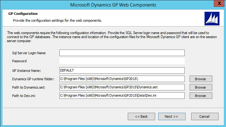 shows a screen for connecting the web components to dynamics gp data.