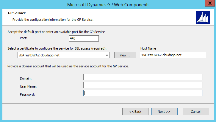 shows a screen for connecting the web components to the dynamics gp service.