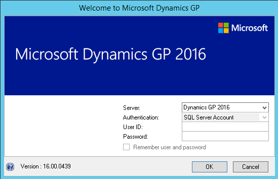 shows the login screen to dynamics gp using sql login.