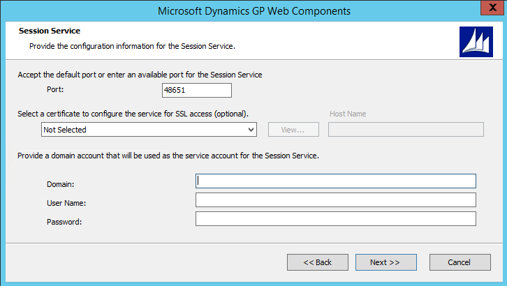 shows a screen for configuring the session service.