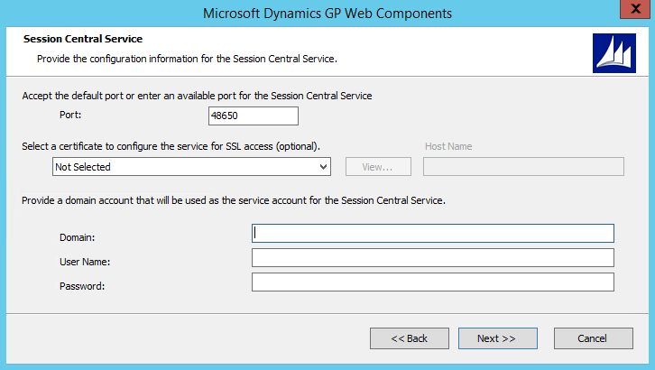 shows a screen for configuring the session central service.