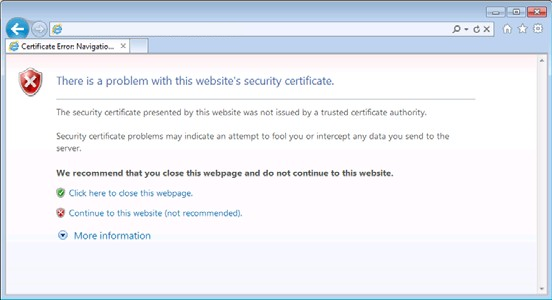 shows the error page in a browser when a dynamics gp deployment uses a certificate with a problem.