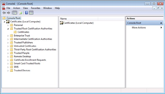 shows the certificates console snap-in.