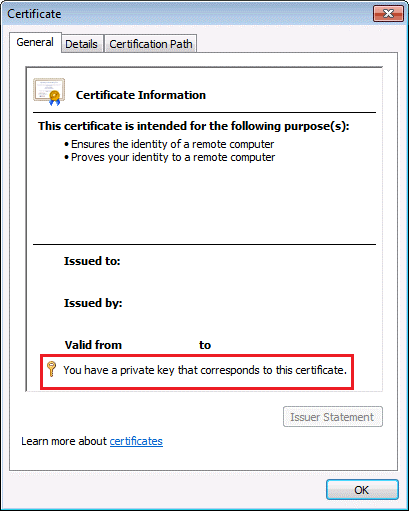 shows the windows dialog for verifying a certificate's properties.