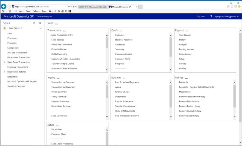 shows the sales area homescreen in dynamics gp in a browser.