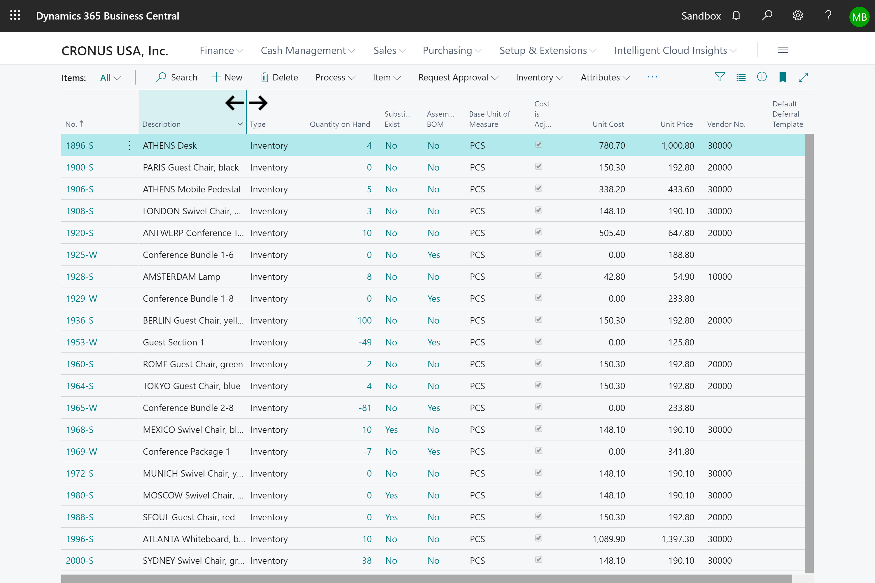 A screenshot of a list page where a column is being resized