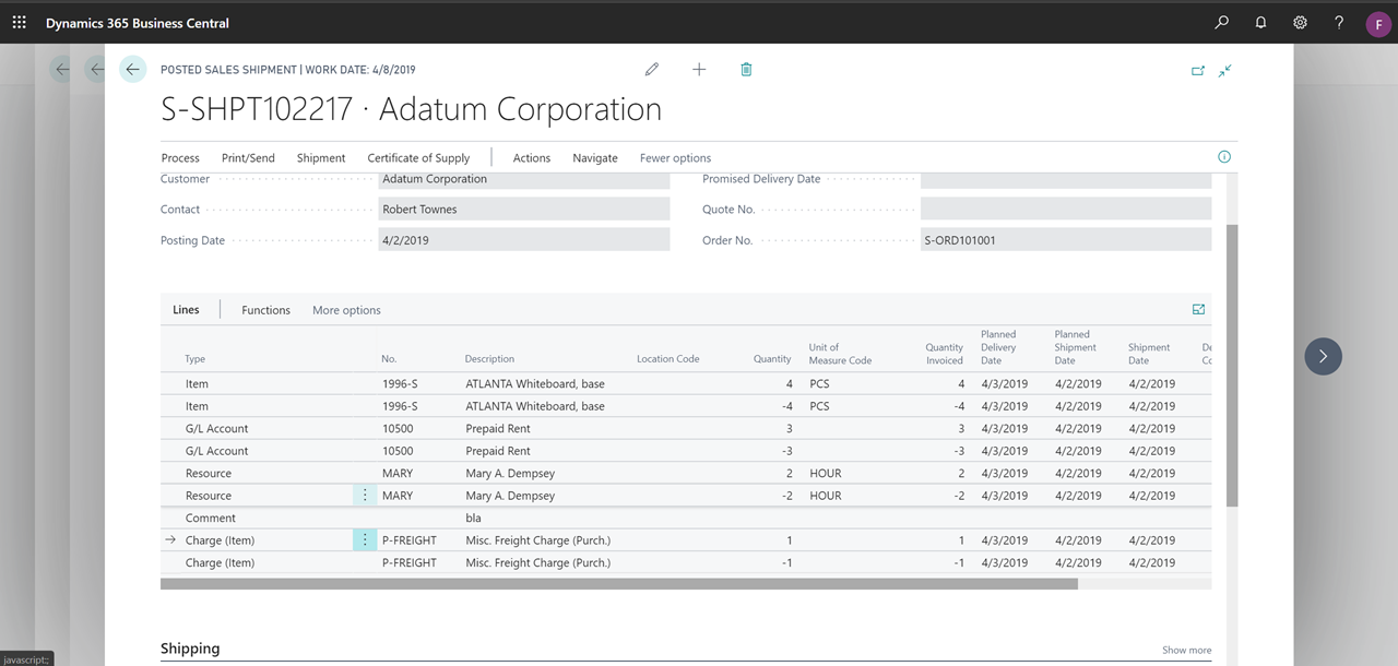 Undo shipment or receipt posting of non-items, such as resources