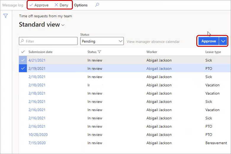 View of manager approving multiple leave requests