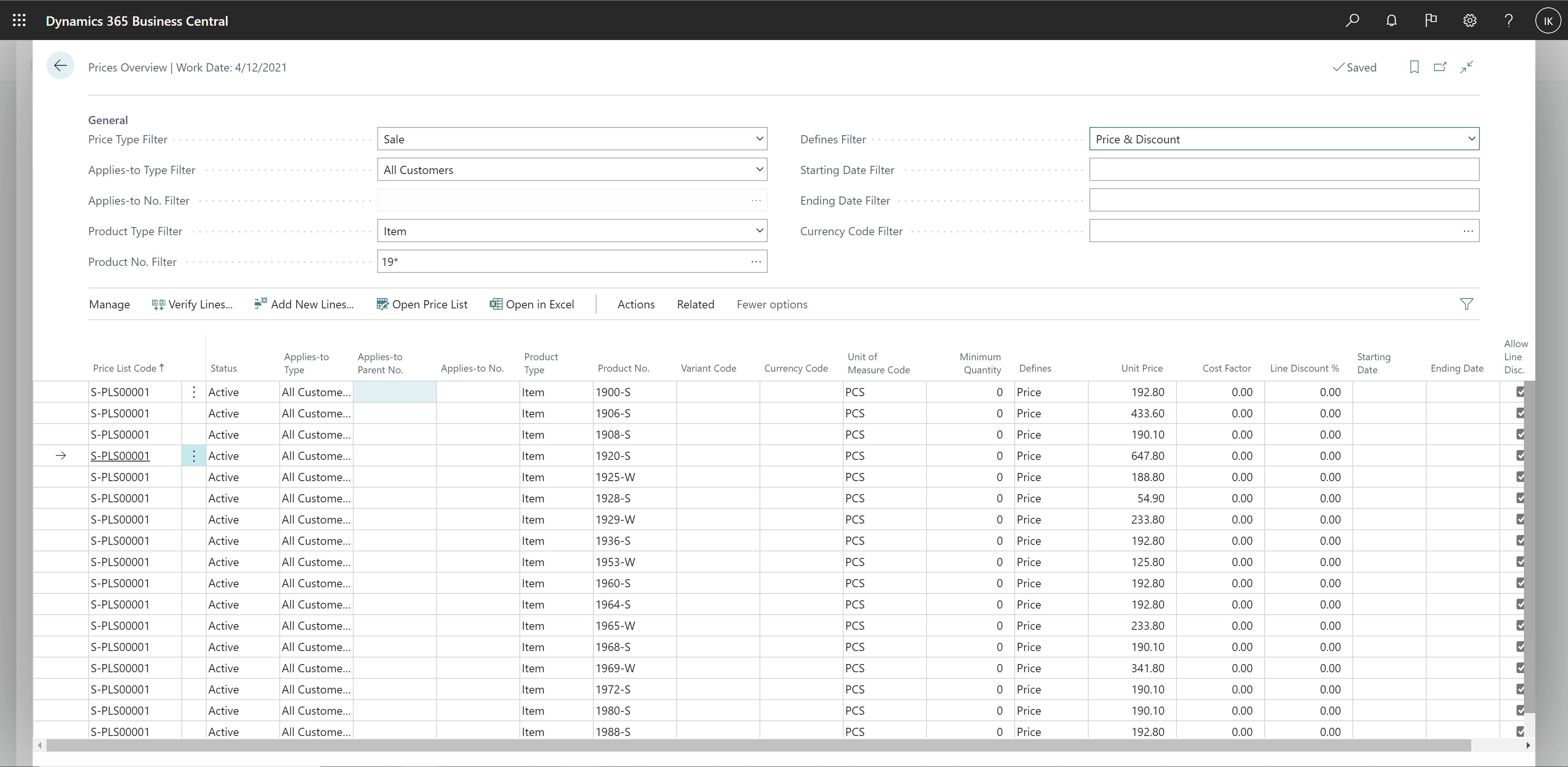 Shows new prices overview page