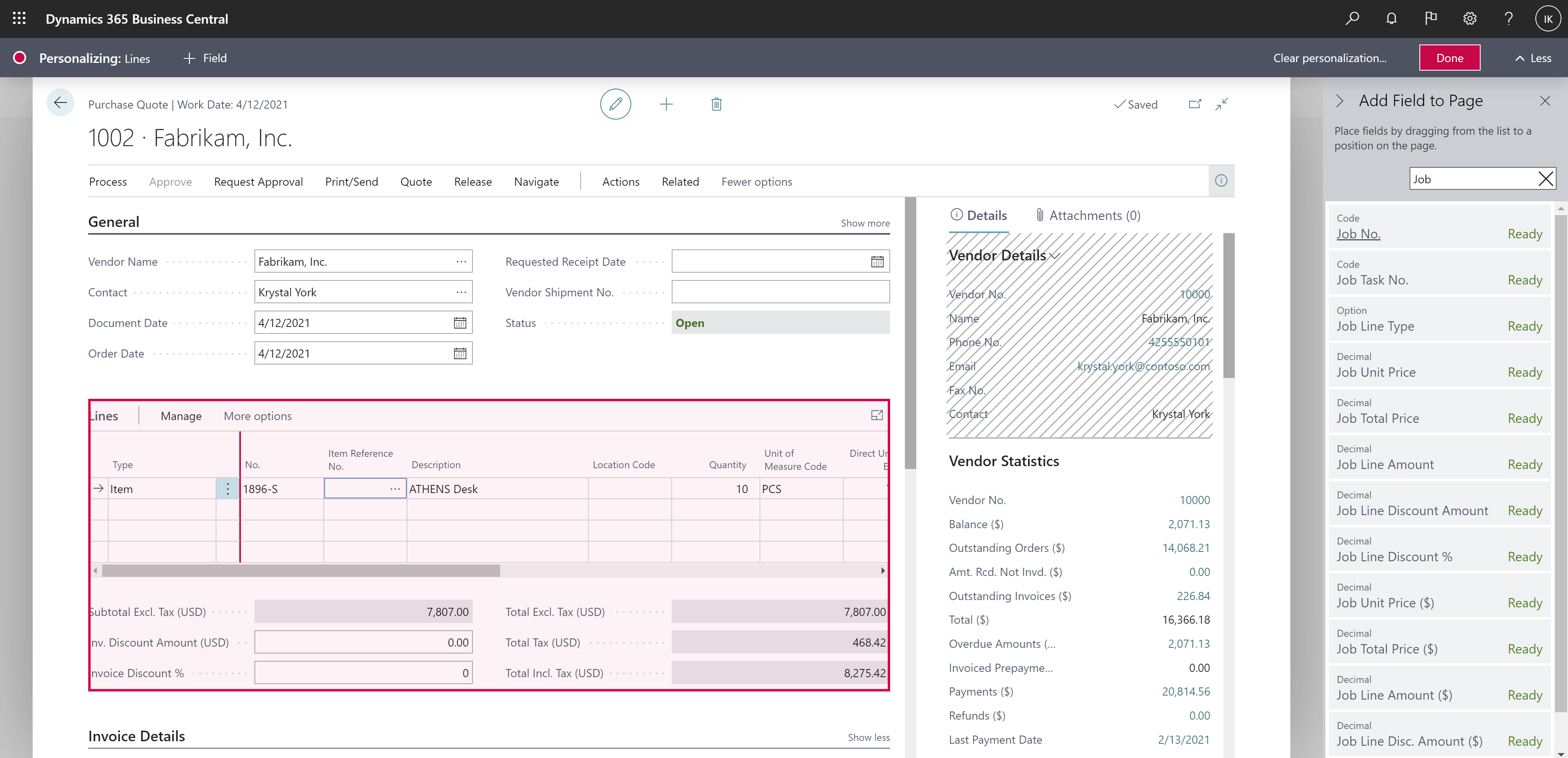 Shows jobs-related columns that can be added to purchase document lines.