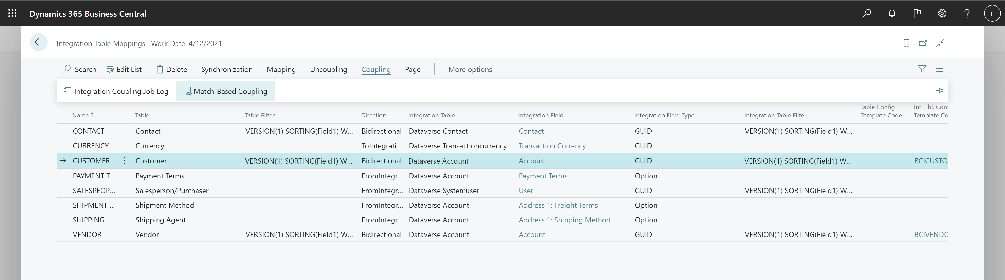 Shows new Match-Based Coupling action in Integration Table Mappings page.