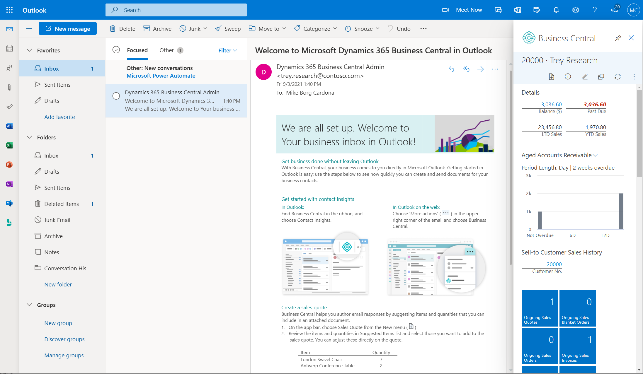 Outlook for the web, displaying the sample email sent by Business Central.