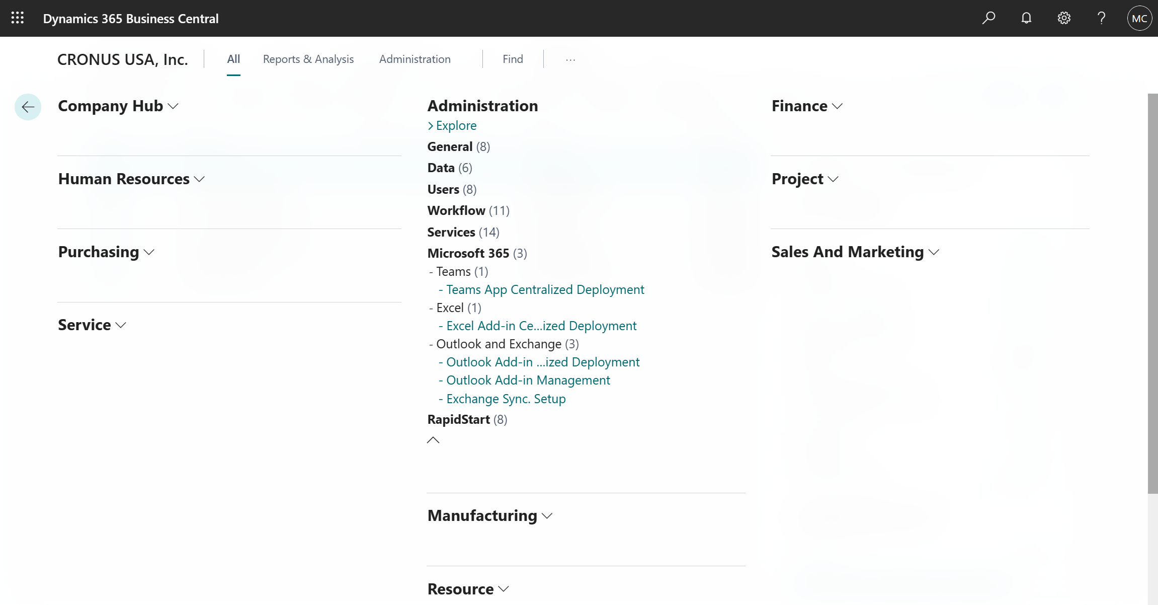 The Role Explorer displaying the administration role with Microsoft 365 functionality.