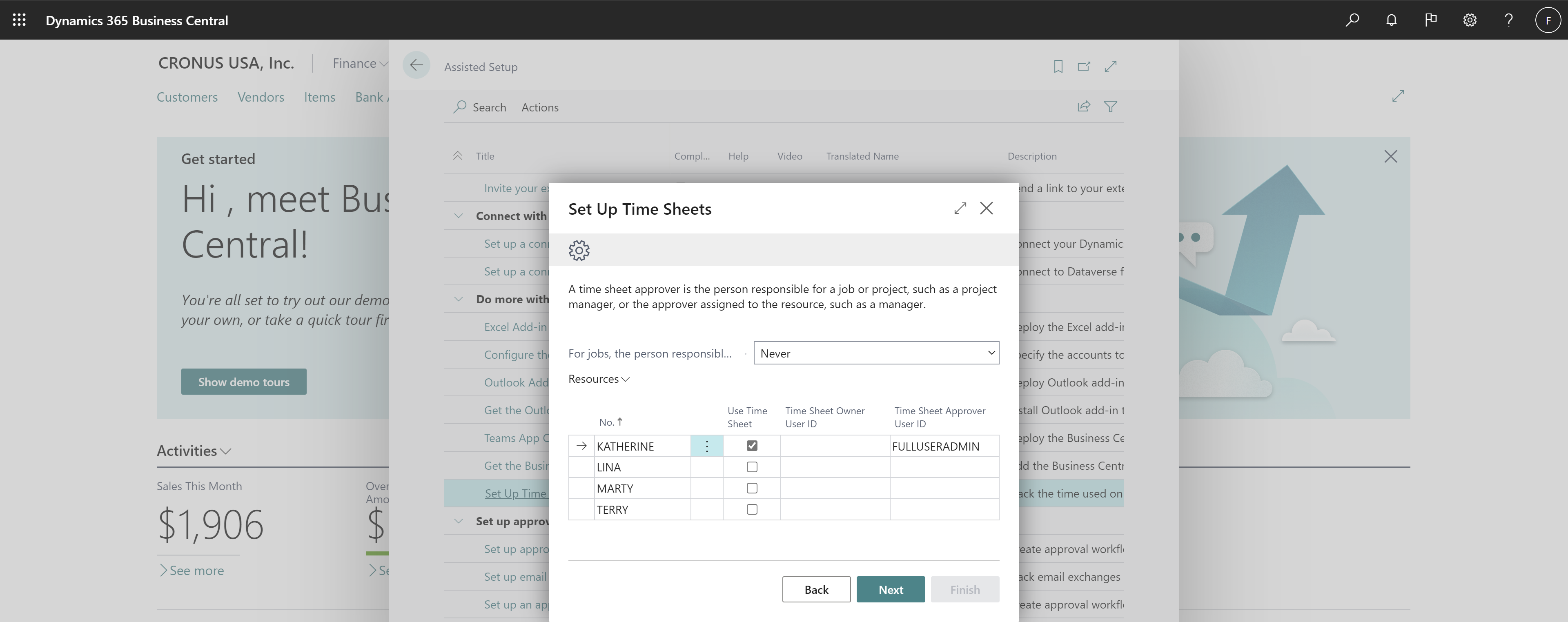 Shows Set Up Time Sheets assisted setup guide.