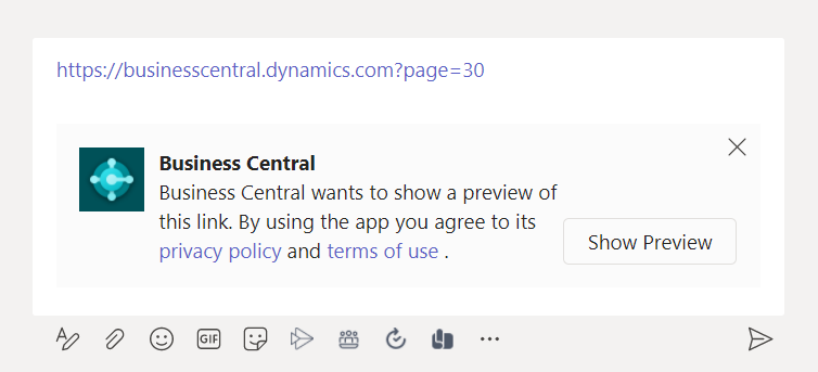 The compose area in Teams showing the banner after a Business Central link was pasted.