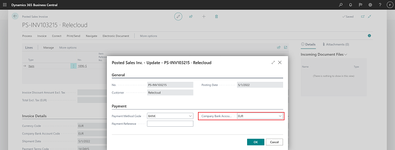 Show company bank account on Update posted document page. 