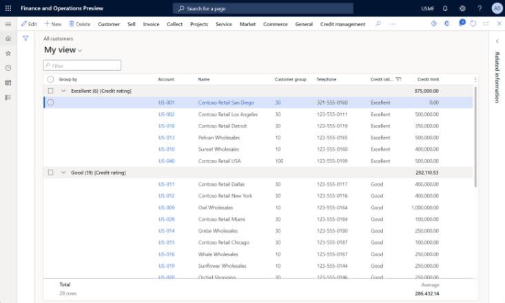 Customers grid with the Credit limit field configured to show average values