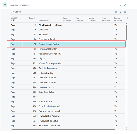 Shows excluded General Ledger Entries page permission in Expanded Permissions page