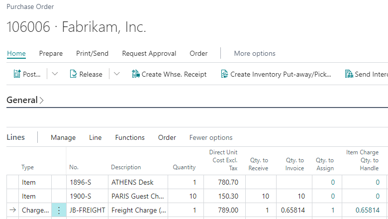 Purchase order with item charges