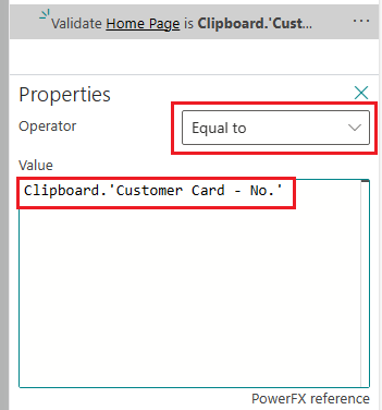 Shows the properties of a validation step recording